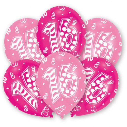 Happy Birthday 16 Pink léggömb, lufi 6 db-os 11 inch (27,5 cm)