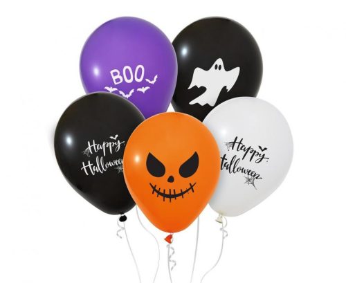 Halloween Happy léggömb, lufi 5 db-os 12 inch (30 cm)